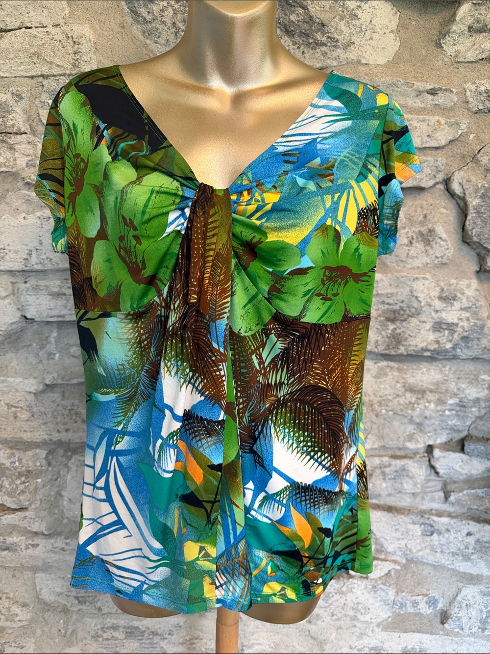 Tropical Print V-Neck Twist-Front Blouse